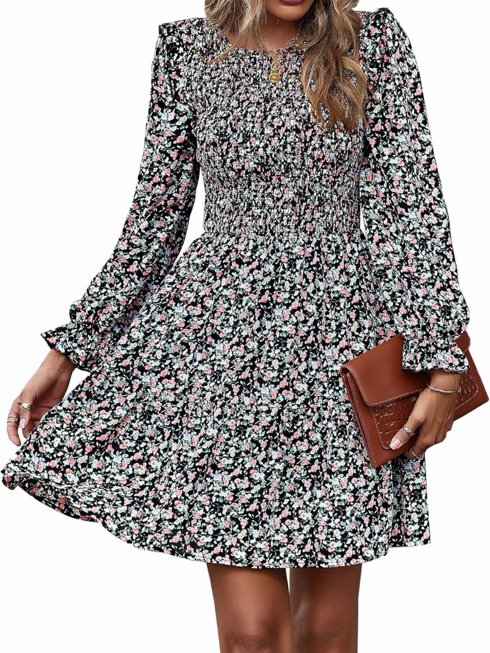 Smocked Floral Long-Sleeve Mini Dress in Black and Pink